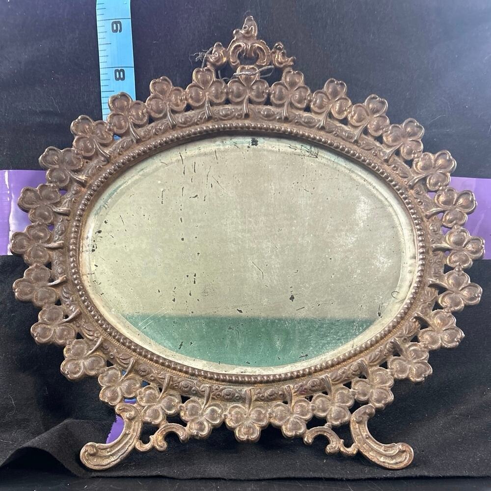 Victorian Table Mirror Art Nouveau Clover & Floral Frame Gilt Metal Antique
